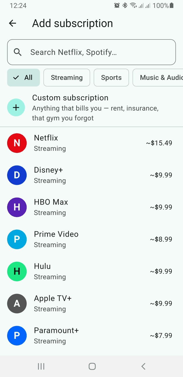 Add subscription screen with a searchable catalog of popular services