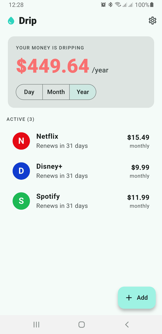 Drip dashboard showing three active subscriptions and total yearly spend