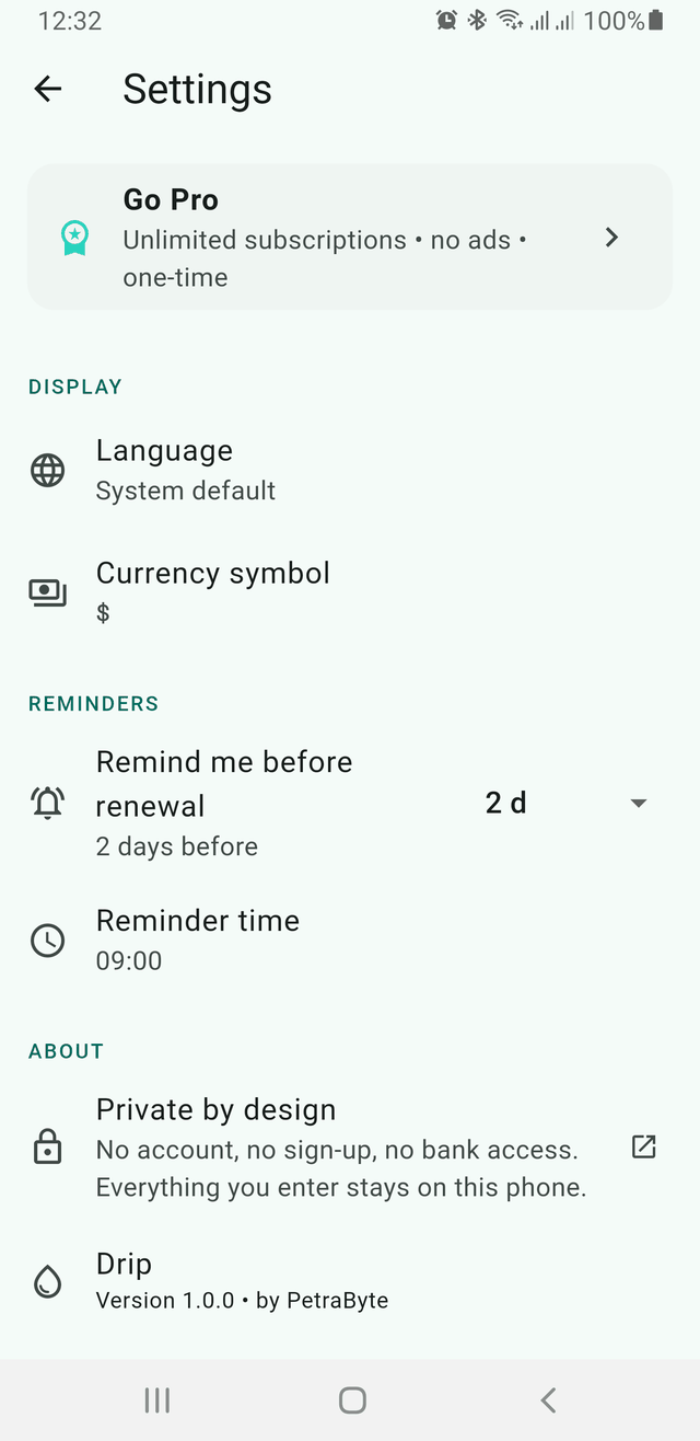 Settings screen showing the Private by design section