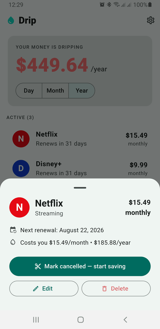 Subscription detail sheet showing the next renewal date and a cancel option