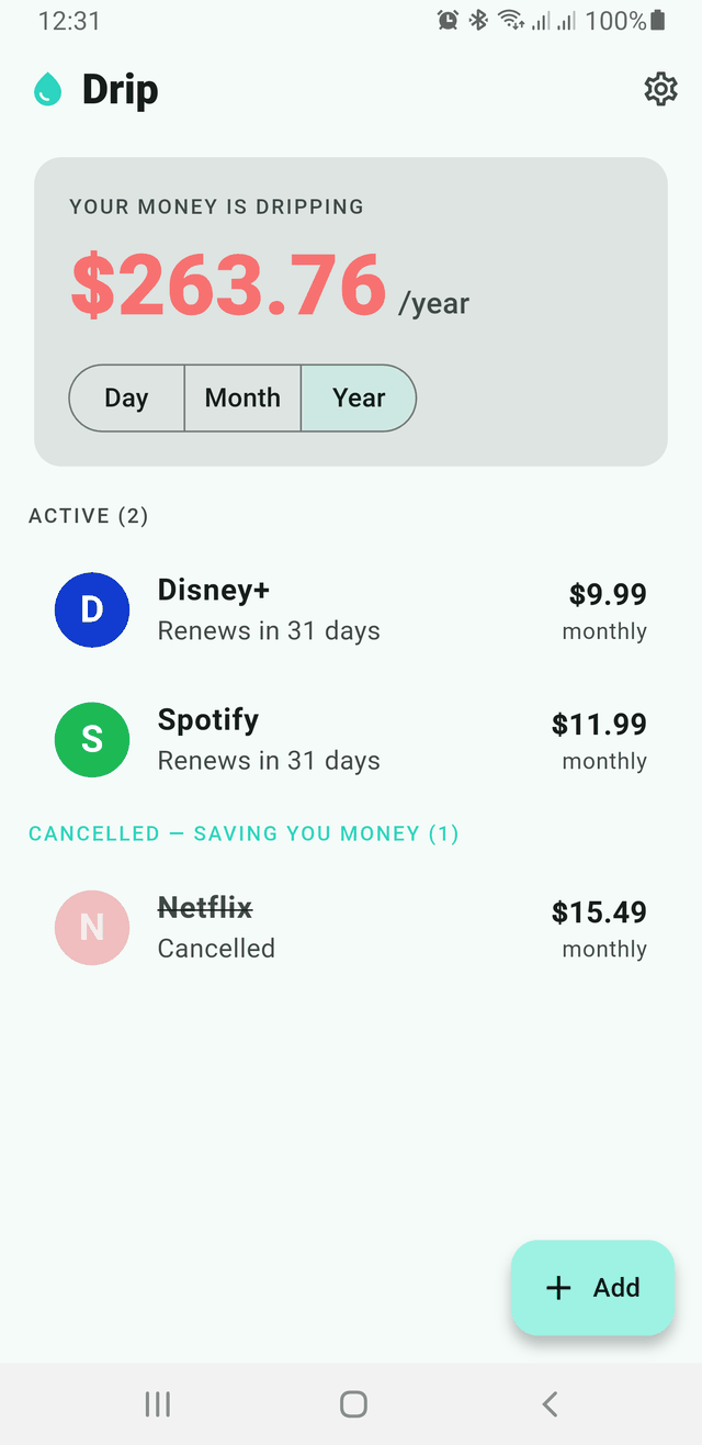 Dashboard showing a cancelled subscription and the money saved since cancelling